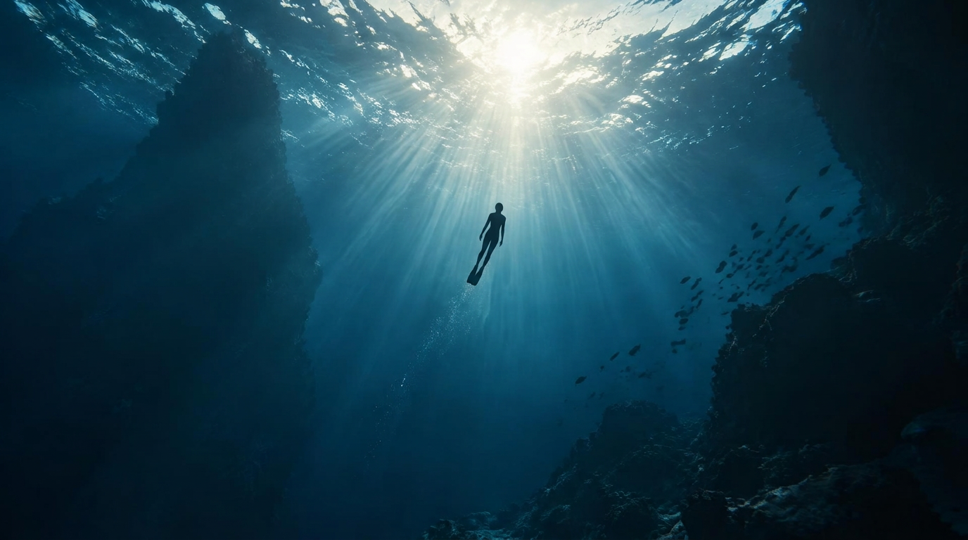 A lone figure swimming toward the light beneath the surface of the sea